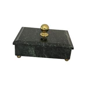 Vintage Green Marble Stone Footed Jewelry Trinket Vanity Box Lidded Brass